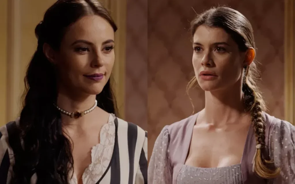 Melissa flagra noite de amor de Felipe e Lívia e parte para cima da rival em Além do Tempo
